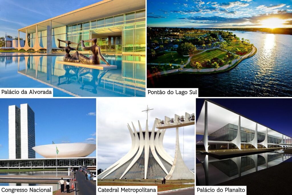 Na imagem mostra lugares da Cidade de Brasília que tem o título de Patrimônio Cultural  do Brasil
