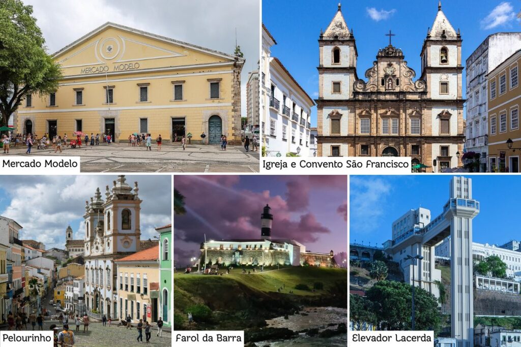 Na imagem mostra lugares do Centro Histórico de Salvador que tem o título de Patrimônio Cultural  do Brasil