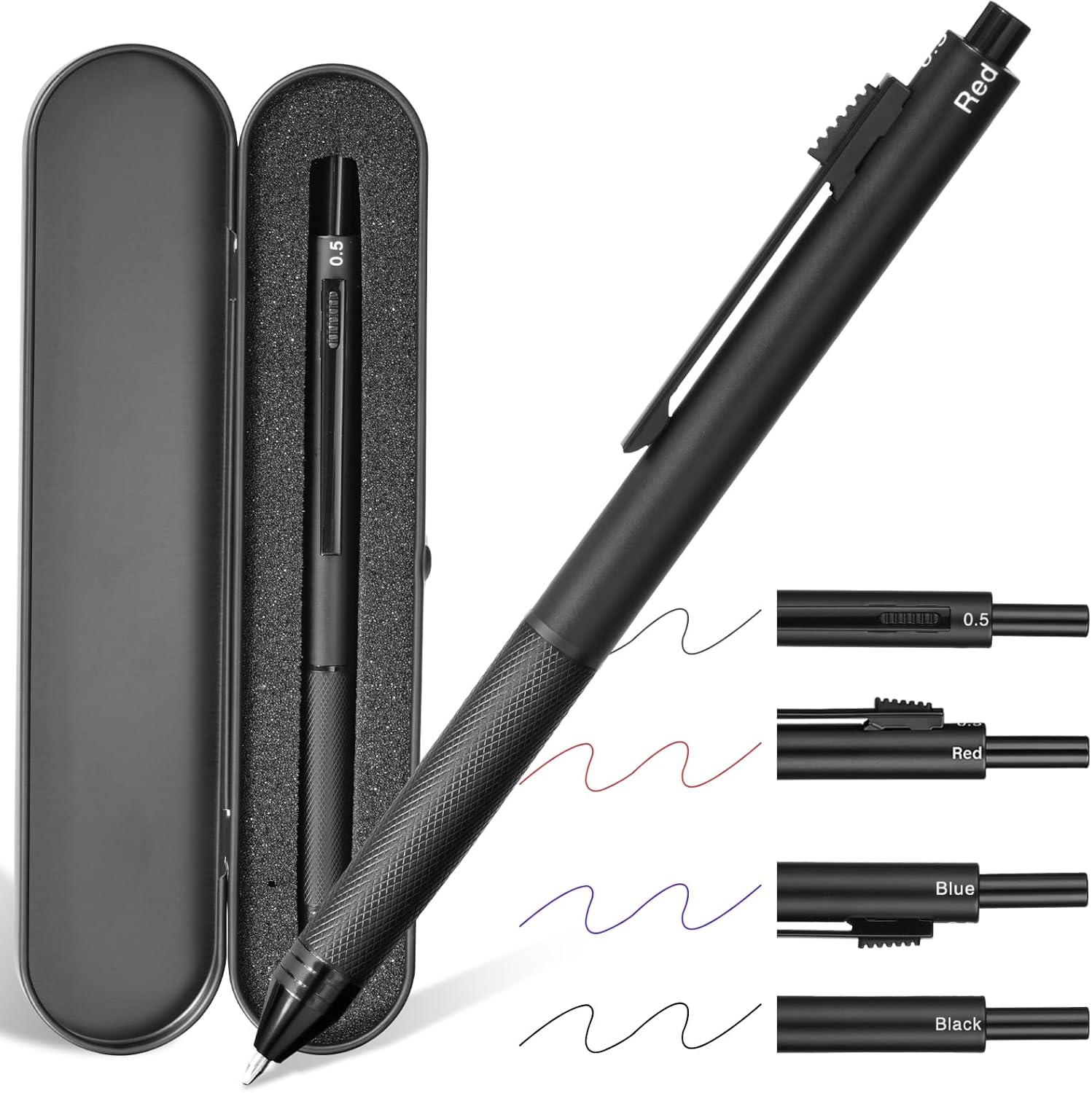Imagem de Caneta multifunções 4 em 1, com sensor de gravidade, esferográfica de 3 cores de 0,5 mm e lapiseira de 0,5 mm, vem com estojo de metal (preto)